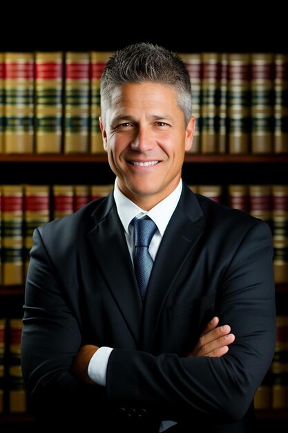 Photo a man in a suit with his arms crossed in front of a row of books