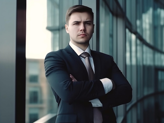 A man in a suit with his arms crossed stands in front of a building.