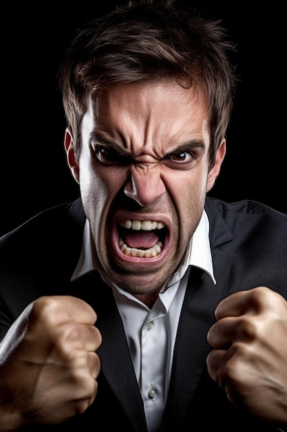 a man in a suit with his fist in the air.