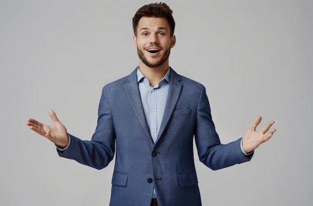 a man in a suit with his hands up in the air