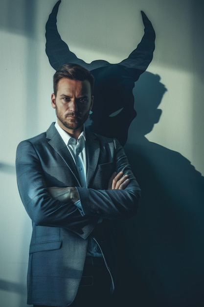 A man in a suit with a horned head on the wall Suitable for business or Halloween themes