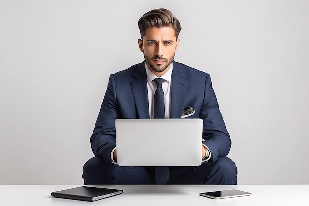 Photo a man in a suit with a laptop and a white background