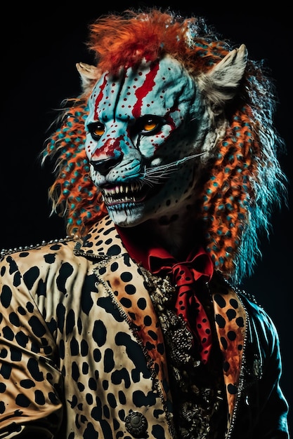 A man in a suit with a leopard print on his face