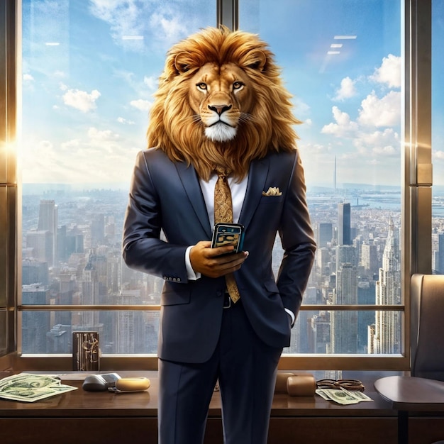 Photo a man in a suit with a lion on the window