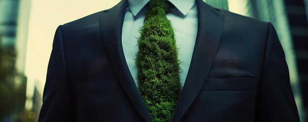 Man in suit with moss tie in urban setting environmental concept