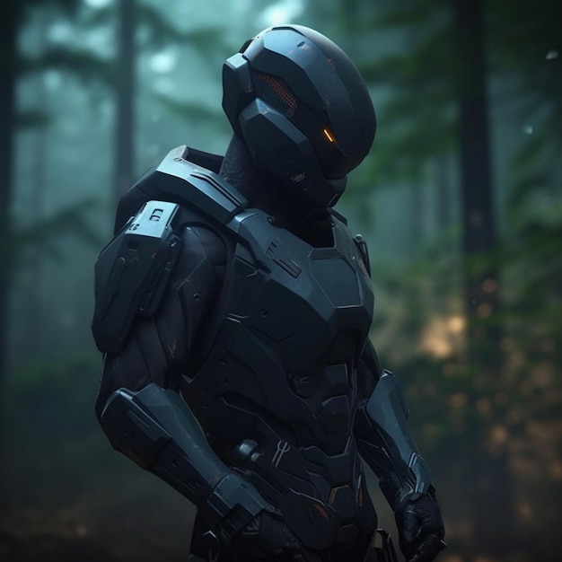 A man in a suit with an orange eye and a black helmet with the word robot on it.