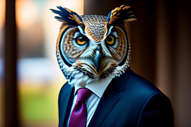 A man in a suit with an owl head on it.