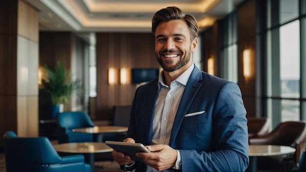 A man in a suit with a phone in his hand smart working happy labor day