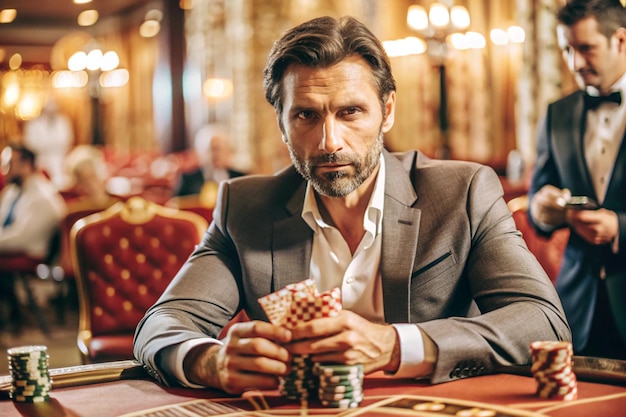 Photo a man in a suit with a poker chips in front of him