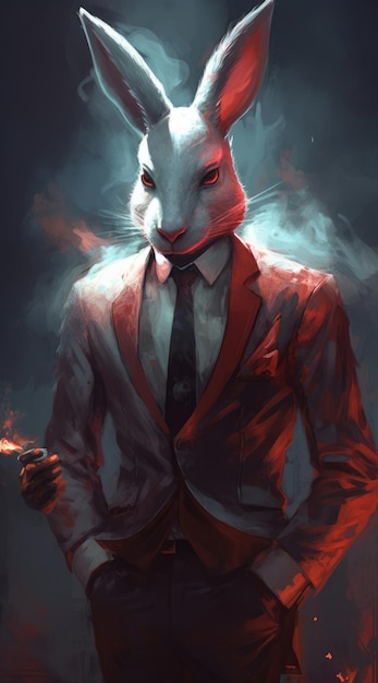 A man in a suit with a rabbit head and a cigarette in his hand.