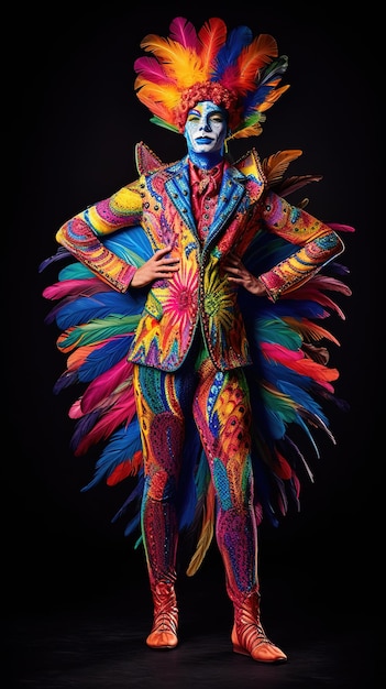 A man in a suit with a rainbow painted face and a rainbow colored feather on his jacket.