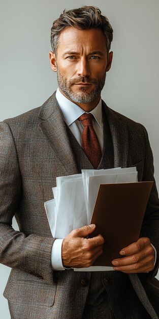 Photo a man in a suit with a red tie holding a folder of papers