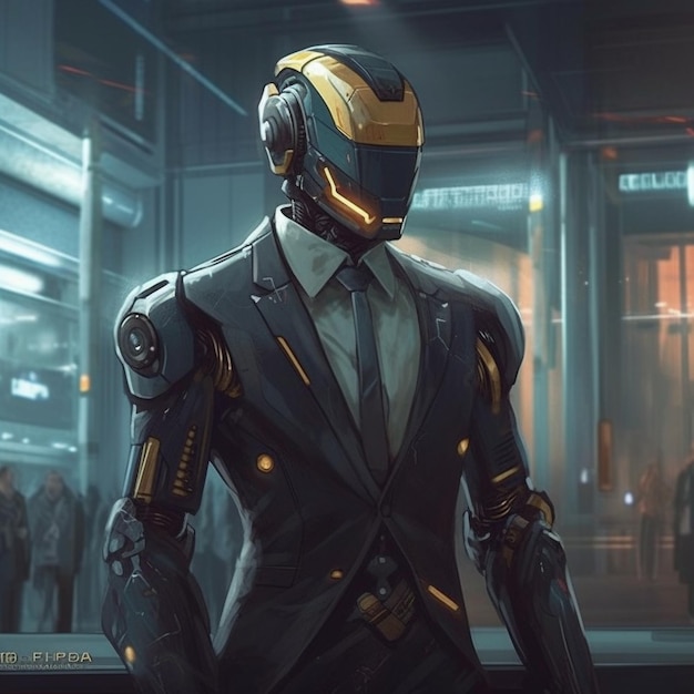 A man in a suit with a robot helmet.