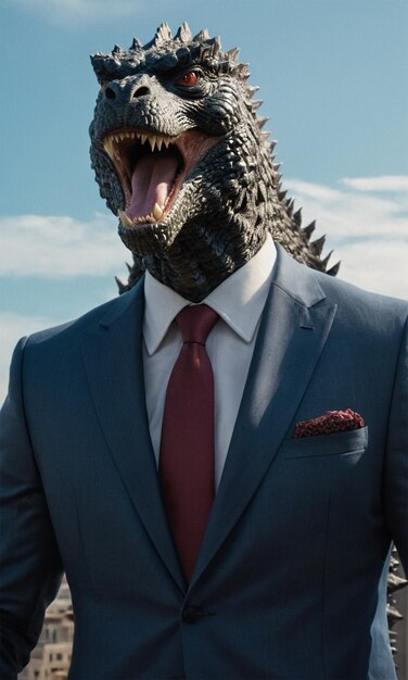 a man in a suit with a shark head and a tie