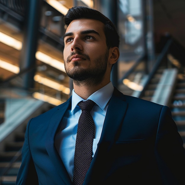 a man in a suit with a shirt that says he is standing in front of a staircase