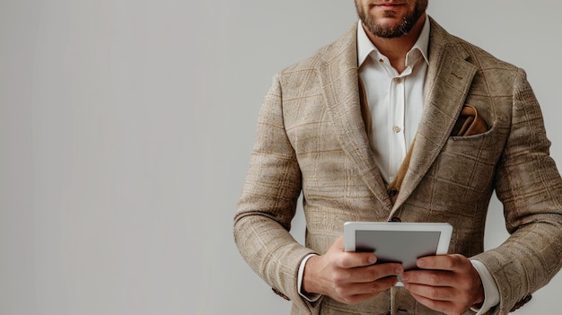 a man in a suit with a tablet in his hands