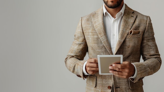 a man in a suit with a tablet in his hands