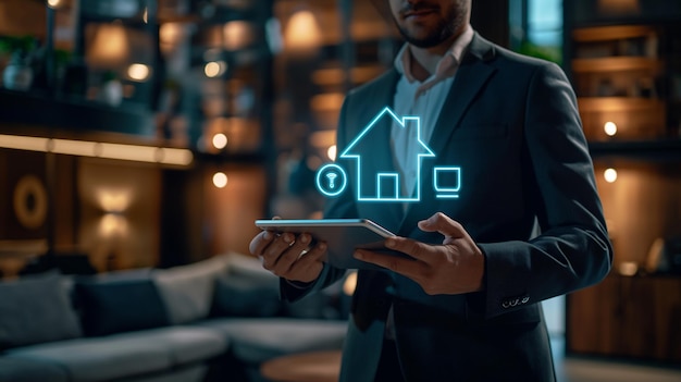 Man in suit with tablet showing house