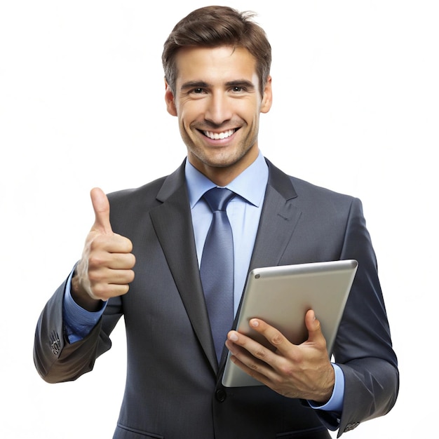 a man in a suit with a thumb up and a thumb up