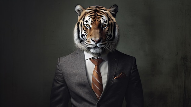 A man in a suit with a tiger mask on