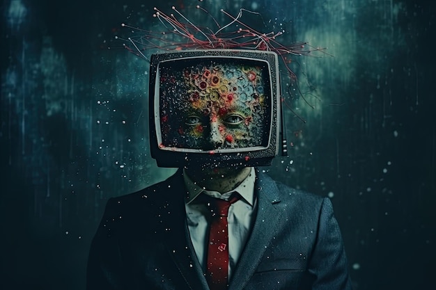 A man in a suit with a TV head is a striking symbol of the media's influence on society and its ability to shape people's thoughts and beliefs Generative AI