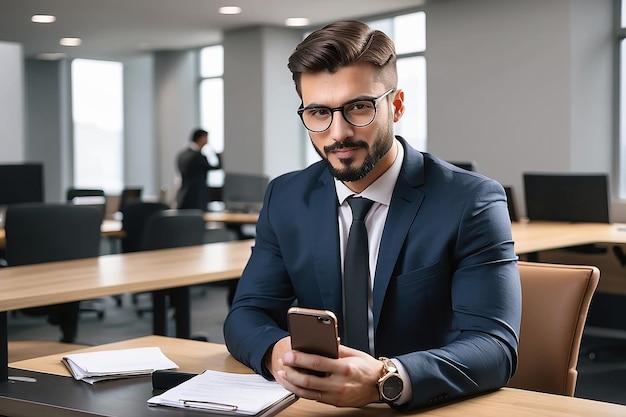 a man in a suit with a watch on his left wrist is sitting at a desk with a phone