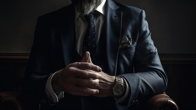 A man in a suit with a watch on his wrist