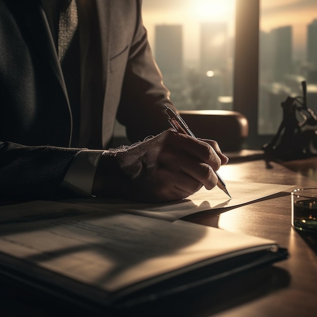 A man in a suit writes on a document with a city in the background