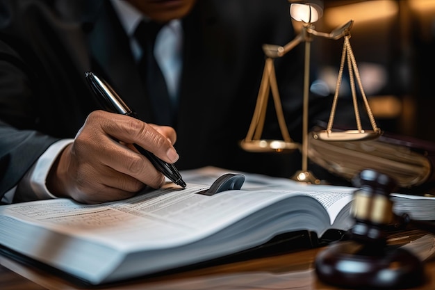 A man in a suit writing on a book next to a scale of justice