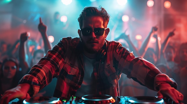 Photo a man in sunglasses is sitting in front of a dj set up with the lights behind him