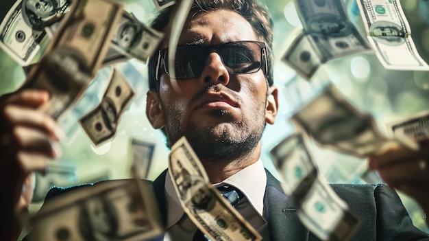 Photo a man in sunglasses is surrounded by money