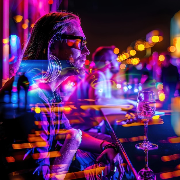 Man in Sunglasses at NeonLit Night Bar