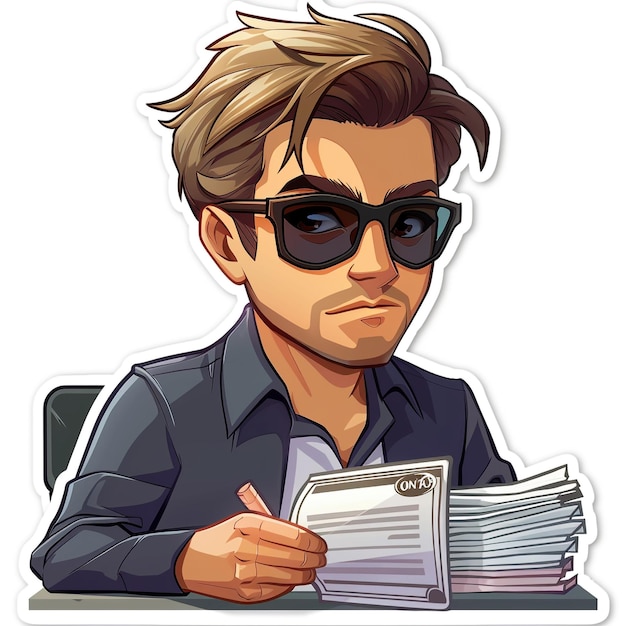 Man in Sunglasses Sitting at Desk Sticker