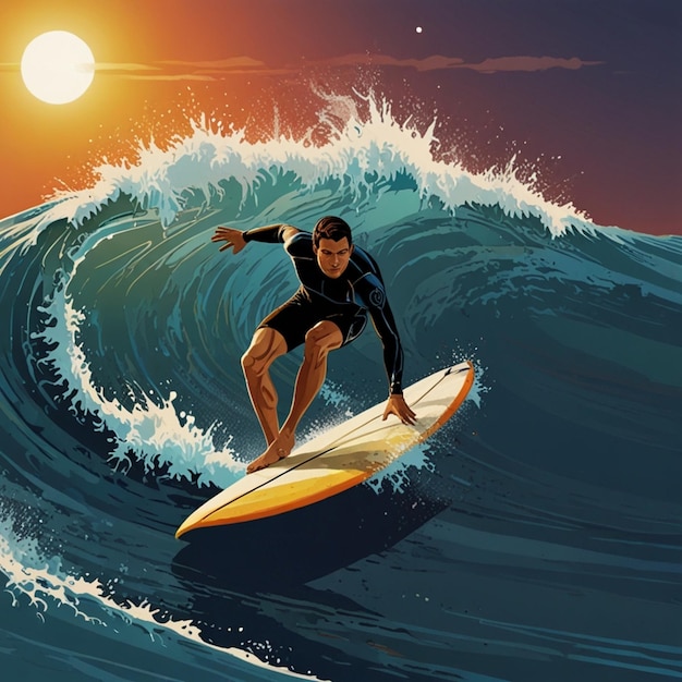 a man on a surfboard riding a wave with the sun setting behind him vector graphics