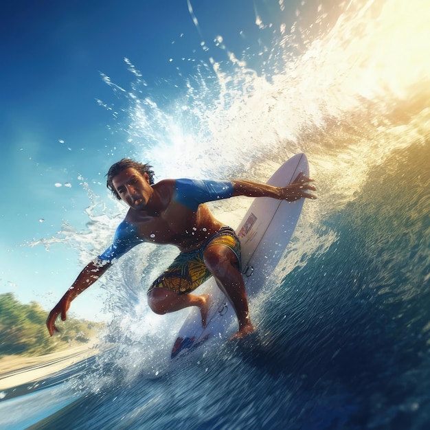 a man on a surfboard riding a wave with the sun shining on the water