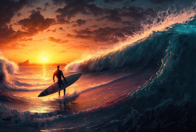 Man on a surfboard on a sea during a stunning sunset