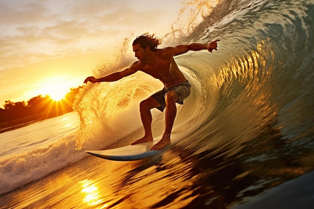 a man surfing on a wave at sunset