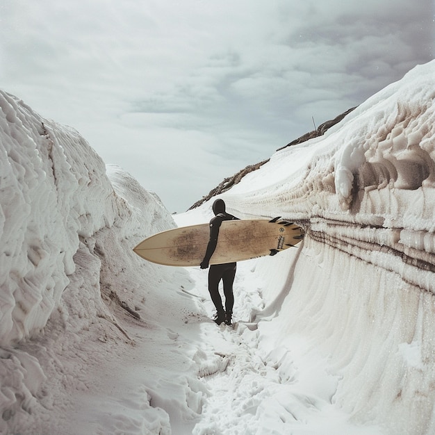 Photo man surfs on snowy slope with board