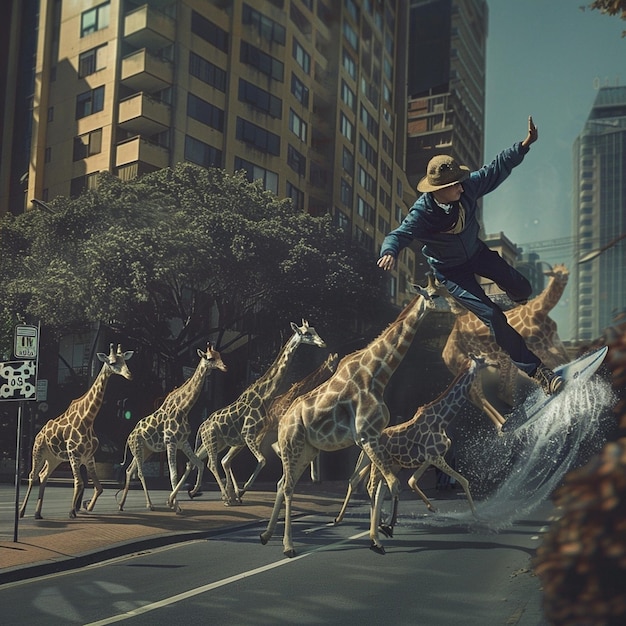 Photo man surfs on street giraffes nearby unique urban wildlife encounter