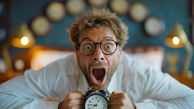 Photo man surprised by alarm clock