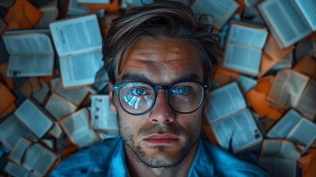 Man Surrounded by Books Looking Upward With Intensity