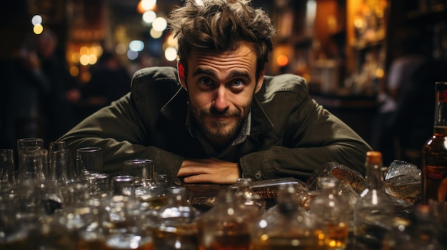 Photo man surrounded by bottles looking tipsy