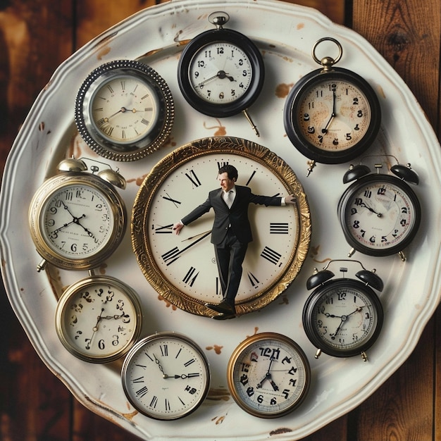 A man surrounded by various clocks on a plate showcasing unique timepieces