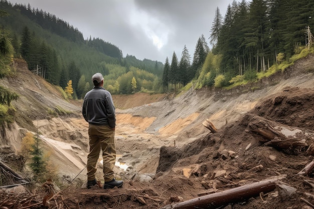 Man surveying the destruction of a mudslide in the wilderness created with generative ai