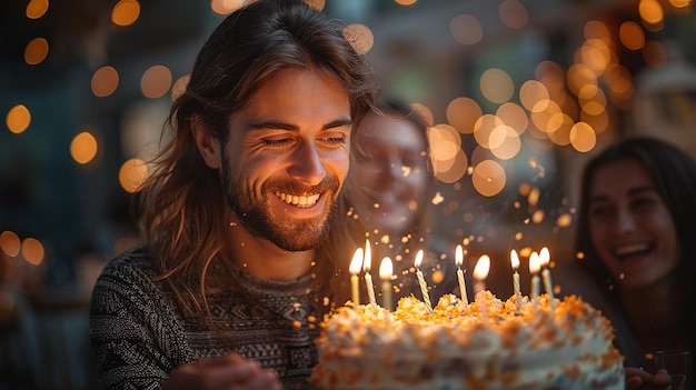 a man in a sweater is blowing out candles on a cake with a lit candle