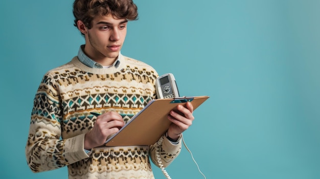 A man in a sweater is looking at a clipboard with a phone on it