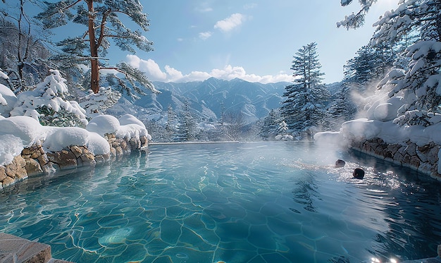 Photo a man swimming in a pool with mountains in the background