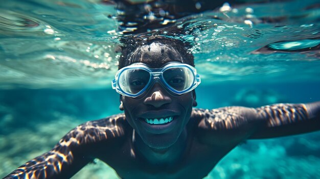 a man swimming underwater wearing goggles under water