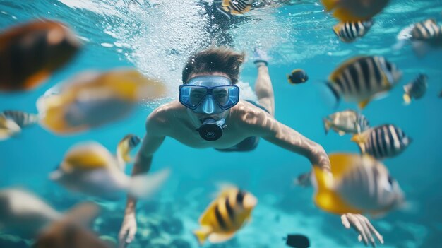 a man swimming underwater with a mask and goggles on