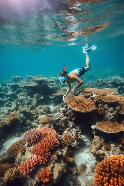 A man swims under a coral reef in the maldives.